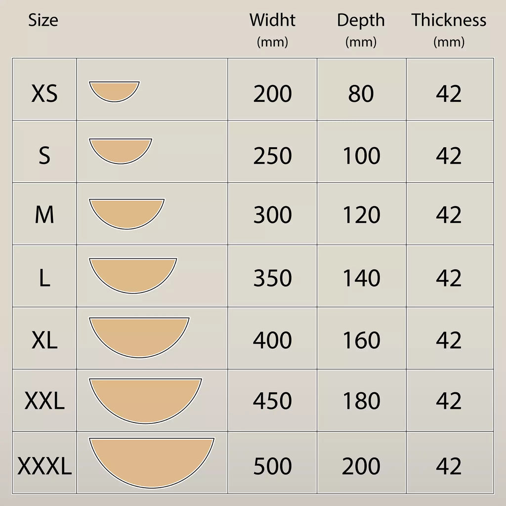 Size chart for the seven shelf sizes, from XS 200 x 80 mm to XXXL 500 x 200 mm, all 42 mm thick