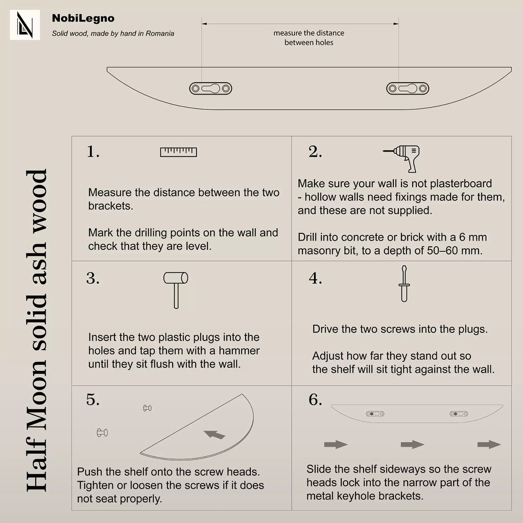 Size chart showing the half moon outline at each of the seven sizes with width, depth and thickness in millimetres