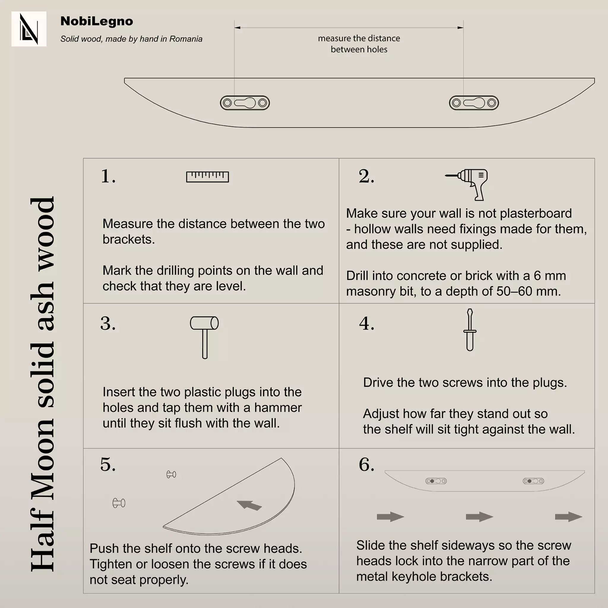 Size chart showing the half moon outline at each of the seven sizes with width, depth and thickness in millimetres