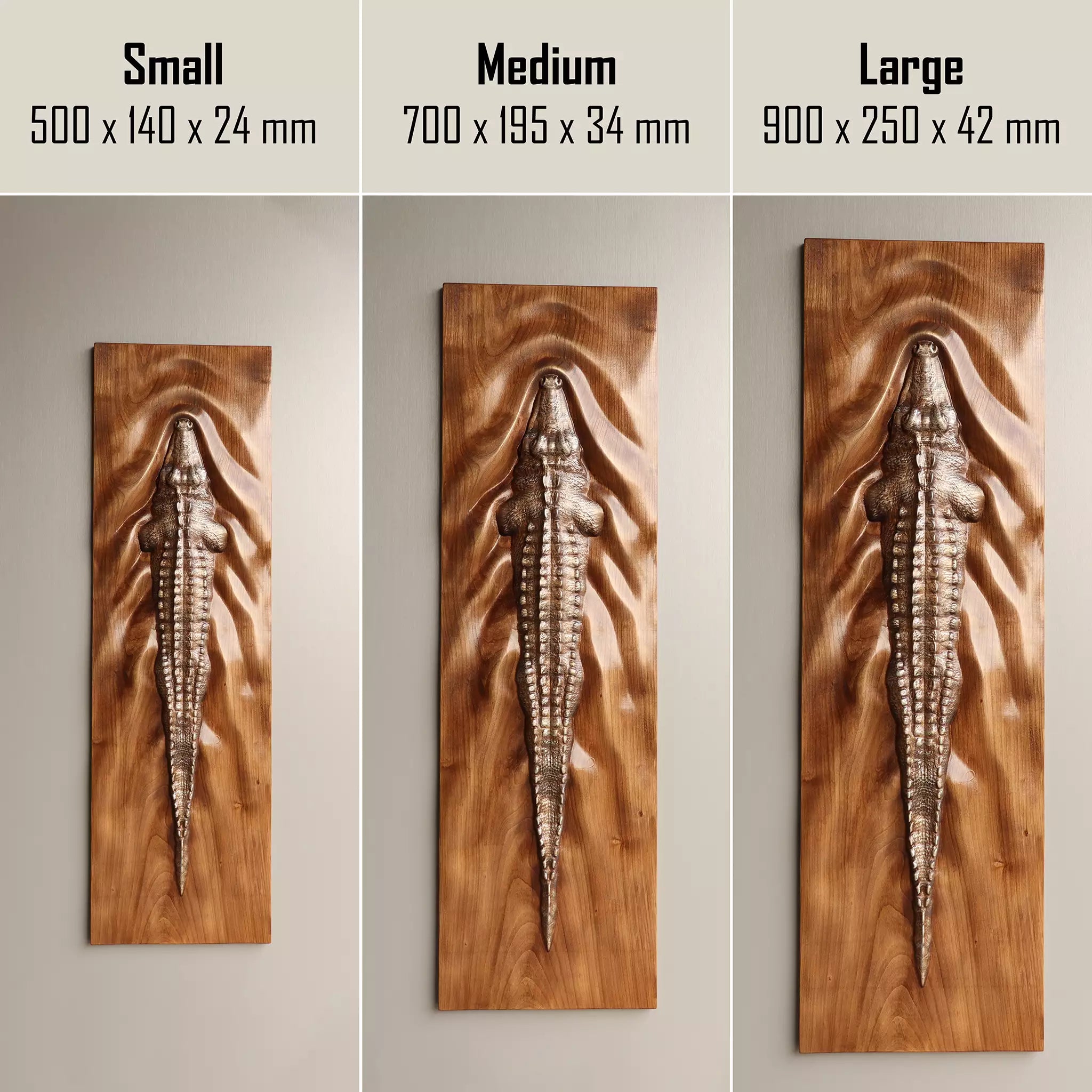 Size chart for the three panels: small 500 x 140 x 24 mm, medium 700 x 195 x 34 mm, large 900 x 250 x 42 mm