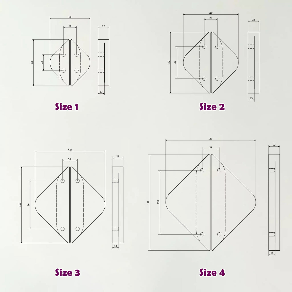 Dimensioned drawings of the four diamond pull sizes: 92, 122, 152 and 192 mm long, with 32, 64, 96 and 128 mm between centres