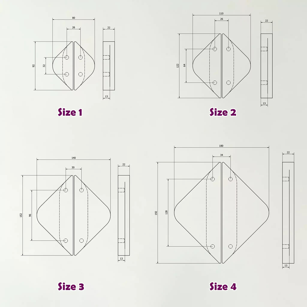 Dimensioned drawings of the four twin line diamond pull sizes: 92, 122, 152 and 192 mm long, with 32, 64, 96 and 128 mm between centres