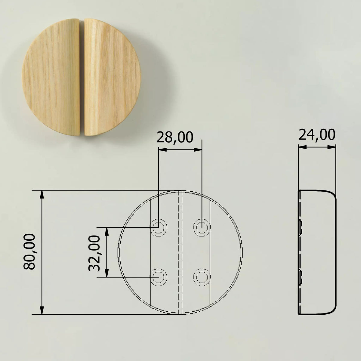 Dimensioned drawing of the S size dome pull: 80 mm circle, 32 mm between centres, 24 mm deep