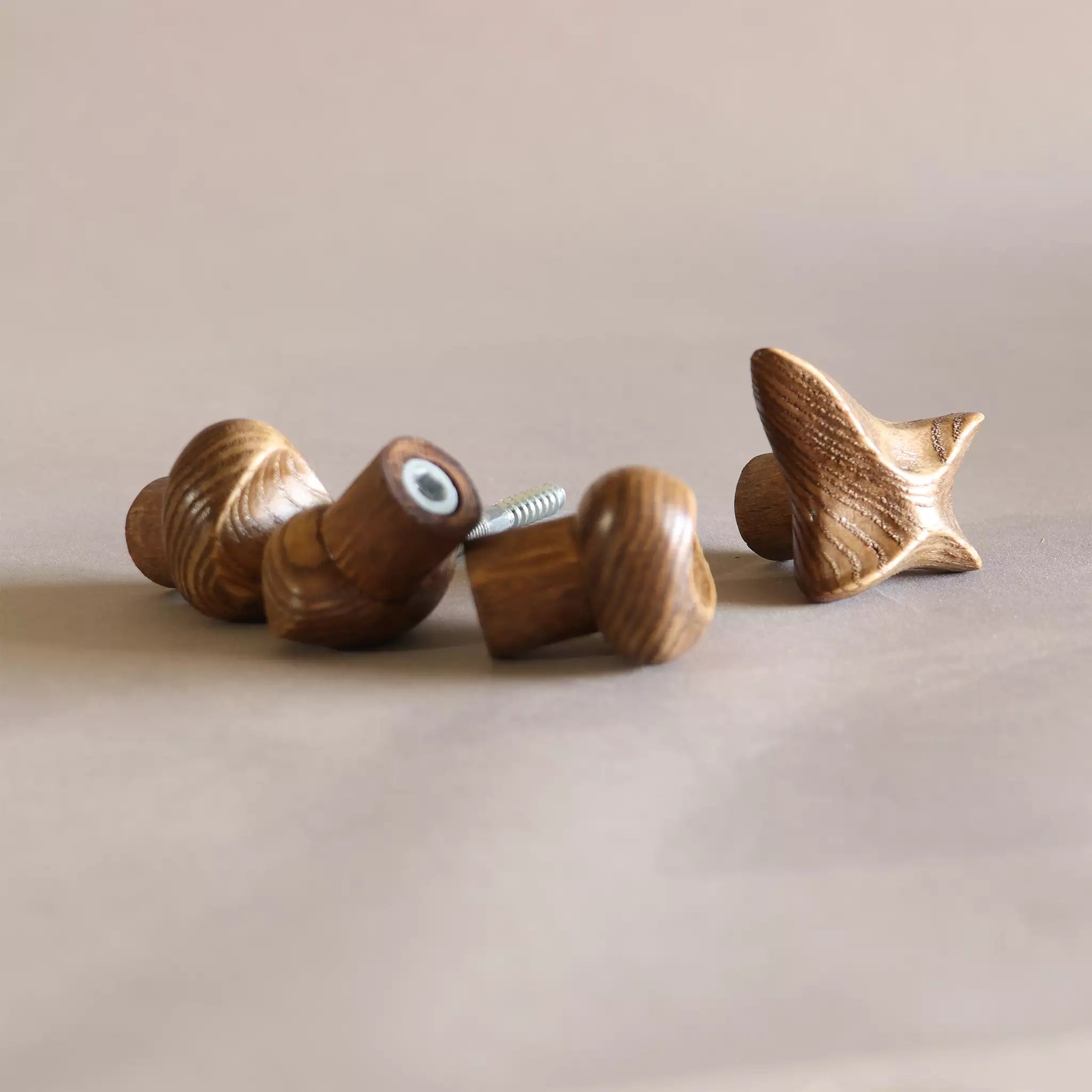 Several hooks laid on a table with the double-threaded screws, showing the metal insert set into the back of each hook
