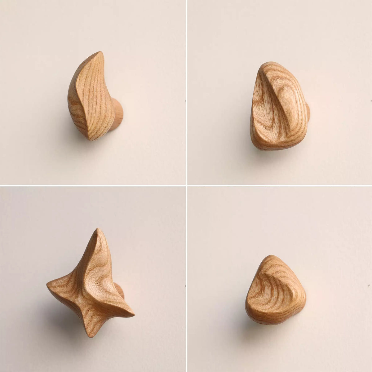 Four views of a small carved wooden hooks with a natural wood grain finish, arranged in a 2x2 grid on a light beige background.