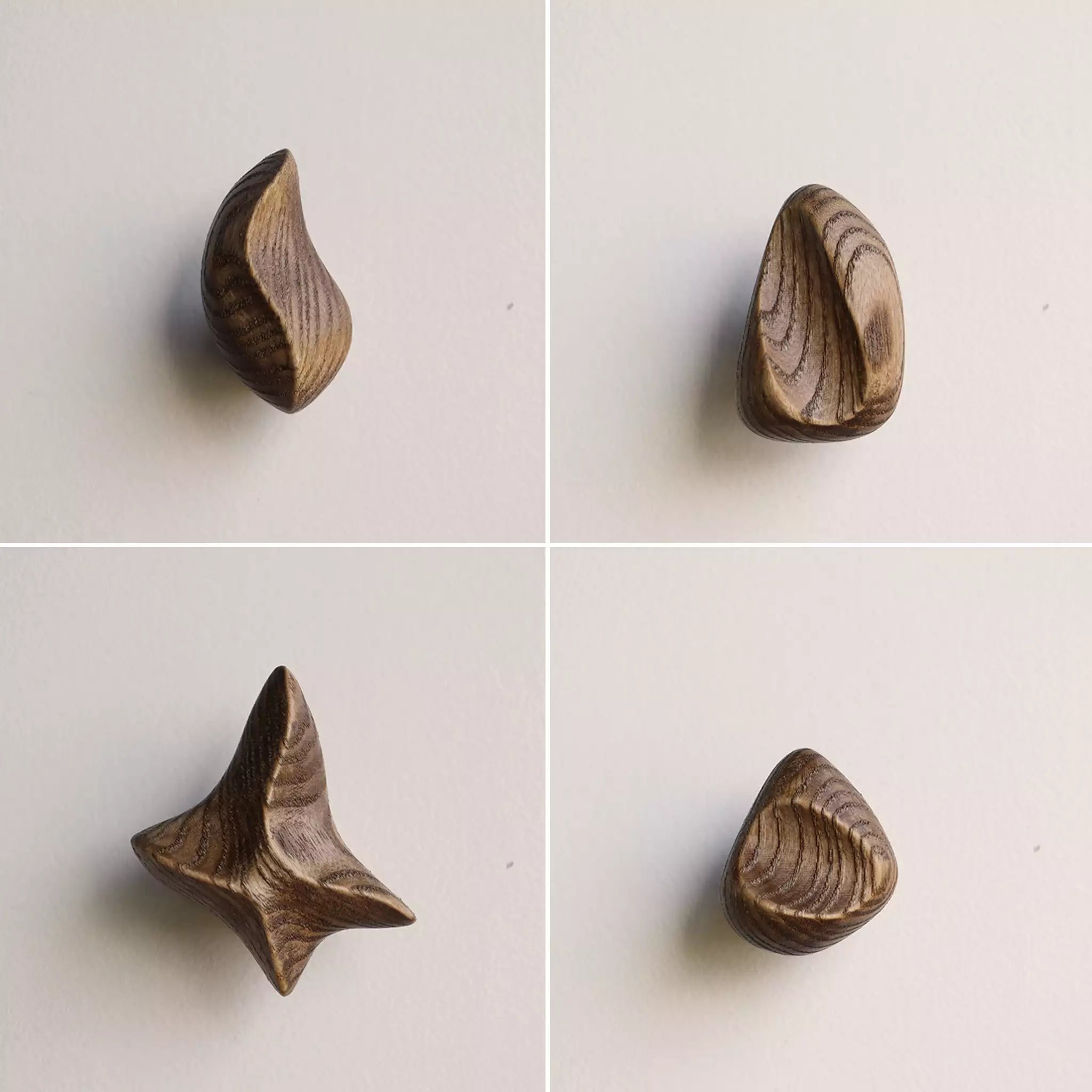 Four views of a small carved wooden hooks with a natural wood grain finish, displayed on a light off-white background in a 2x2 grid layout.