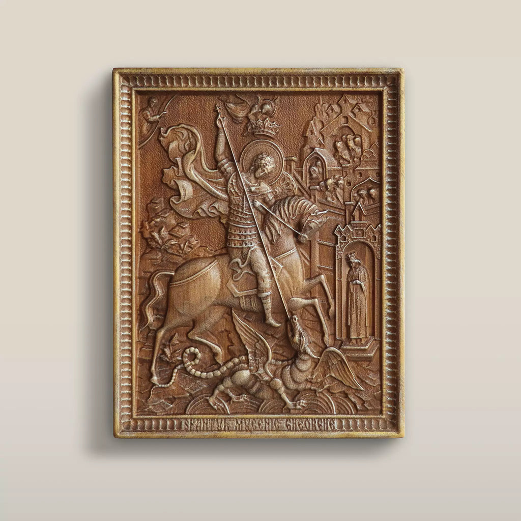 Carved wooden icon of Saint George on horseback spearing the dragon, with the city wall behind him