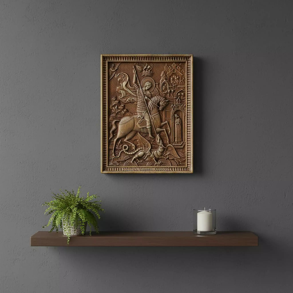 The icon hung on a dark grey wall above a floating shelf with a fern and a candle