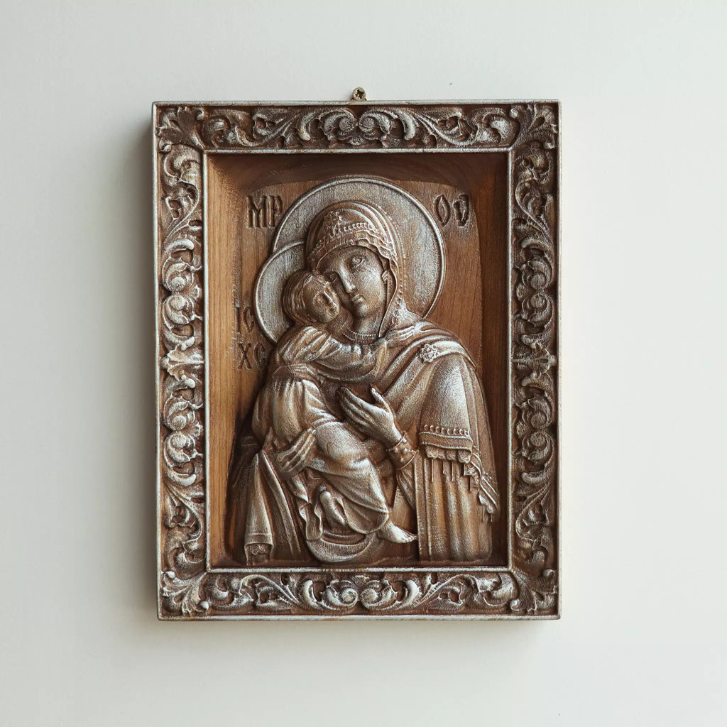 The icon hanging flat on a wall, seen straight on