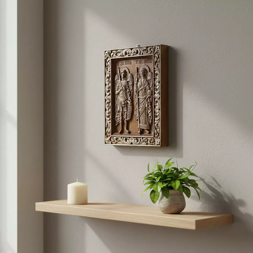 The icon hung above a floating shelf with a candle and a plant