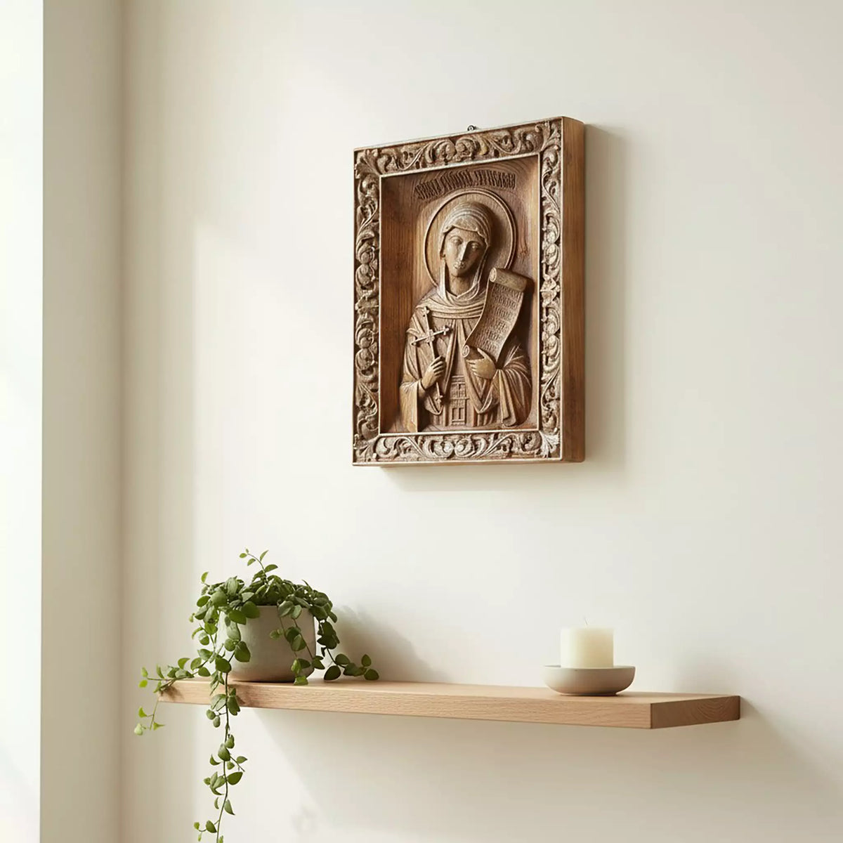 The icon hung above a floating shelf with a candle and a trailing plant