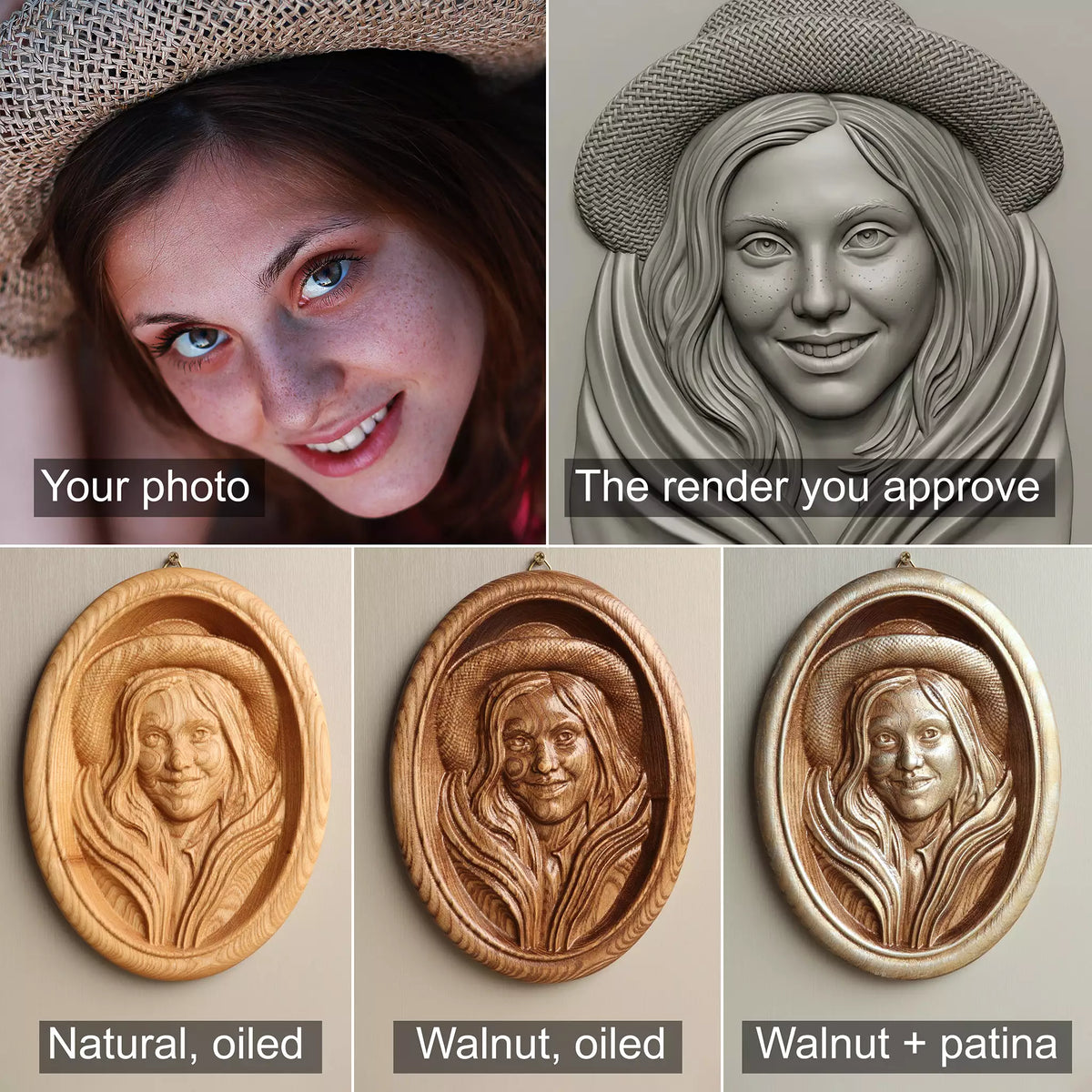 How it works: your photograph, the 3D render you approve, and the finished portrait in all three finishes