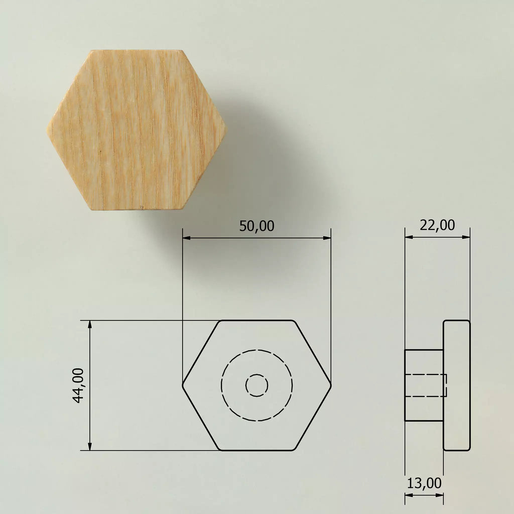 Dimensioned drawing of the hexagon cabinet knob: 50 mm point to point, 44 mm flat to flat, 22 mm deep, 13 mm base
