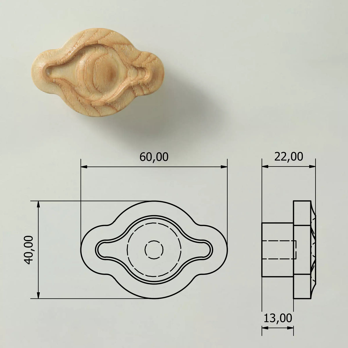 Dimensioned drawing of the petal cabinet knob: 60 mm wide, 40 mm high, 22 mm deep, 13 mm base