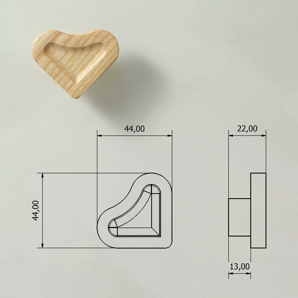 Dimensioned drawing of the scooped heart cabinet knob: 44 mm wide, 44 mm high, 22 mm deep, 13 mm base