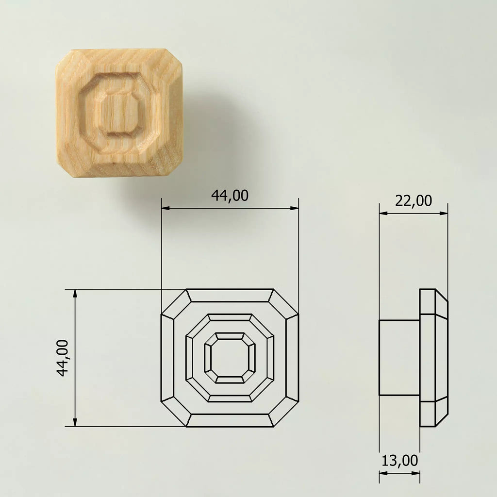 Dimensioned drawing of the stepped octagon cabinet knob: 44 mm wide, 44 mm high, 22 mm deep, 13 mm base