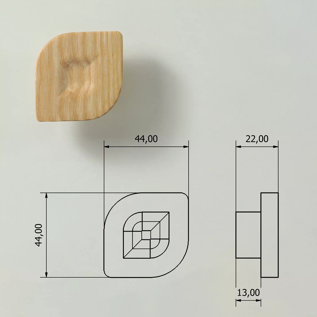 Dimensioned drawing of the twist cabinet knob: 44 mm wide, 44 mm high, 22 mm deep, 13 mm base