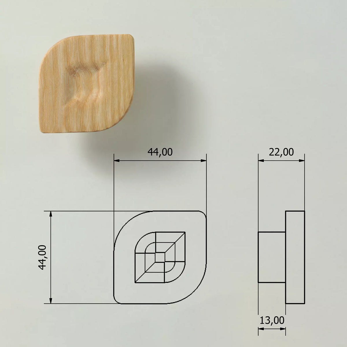 Dimensioned drawing of the twist cabinet knob: 44 mm wide, 44 mm high, 22 mm deep, 13 mm base