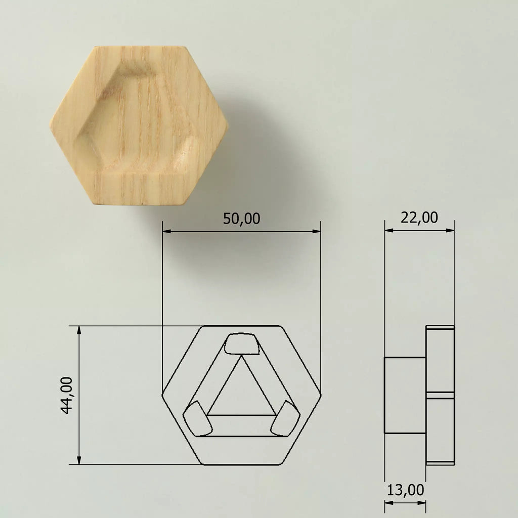Dimensioned drawing of the carved hexagon cabinet knob: 50 mm point to point, 44 mm flat to flat, 22 mm deep, 13 mm base