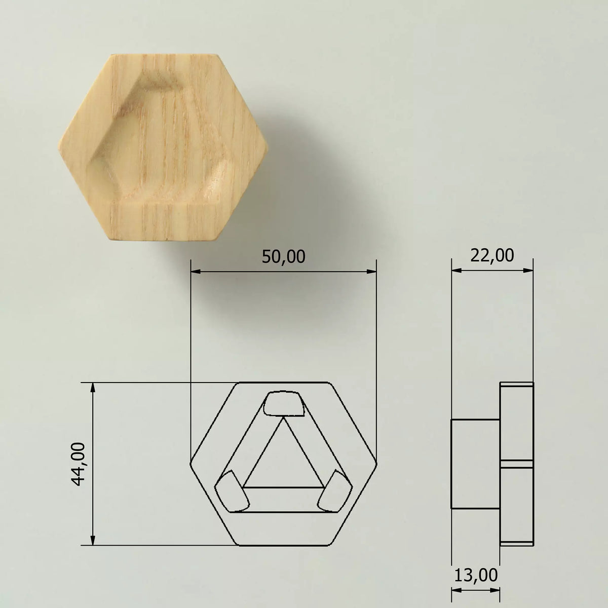 Dimensioned drawing of the carved hexagon cabinet knob: 50 mm point to point, 44 mm flat to flat, 22 mm deep, 13 mm base