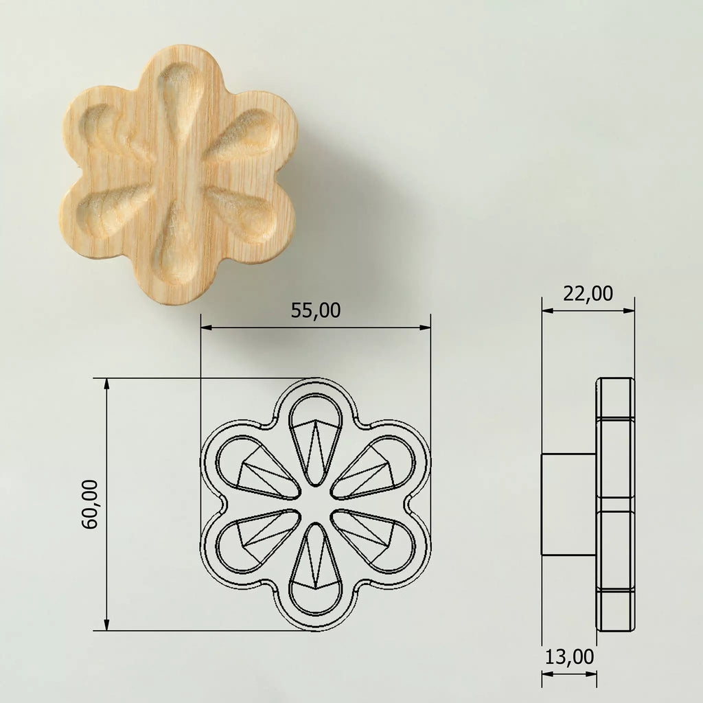 Dimensioned drawing of the carved flower cabinet knob: 55 mm wide, 60 mm high, 22 mm deep, 13 mm base