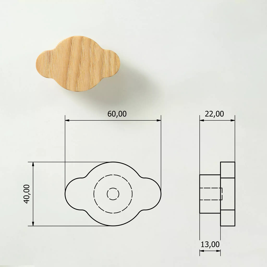 Technical drawing of the cloud knob: 60 mm wide, 40 mm tall, 22 mm deep, 13 mm base