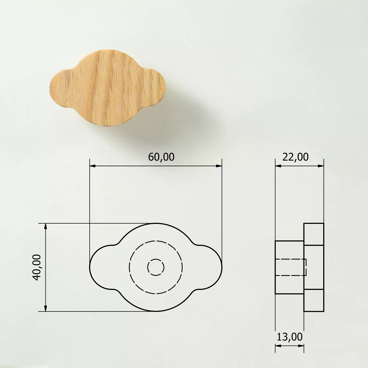 Technical drawing of the cloud knob: 60 mm wide, 40 mm tall, 22 mm deep, 13 mm base