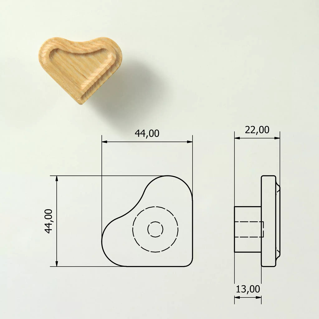 Dimensioned drawing of the heart cabinet knob: 44 mm wide, 44 mm high, 22 mm deep, 13 mm base