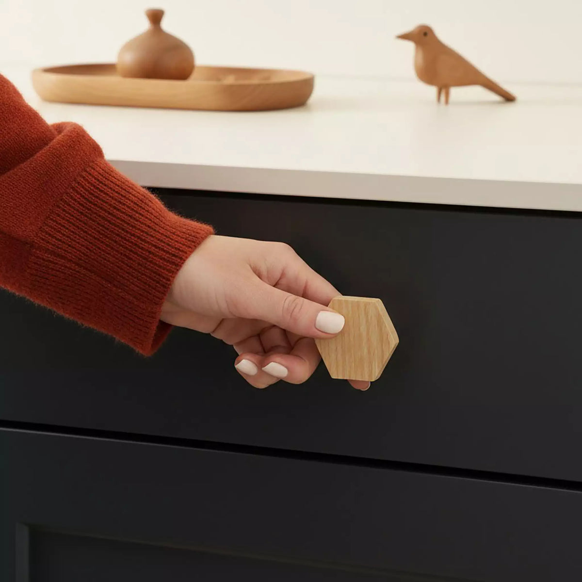 Solid ash hexagon cabinet knob, front view