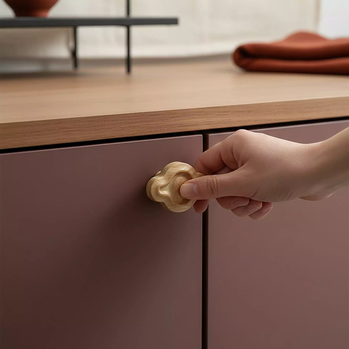 Solid ash petal cabinet knob, front view