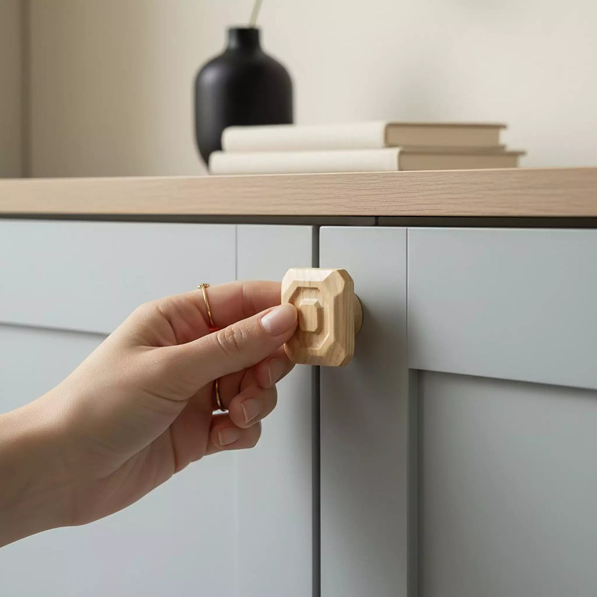 Solid ash stepped octagon cabinet knob, front view
