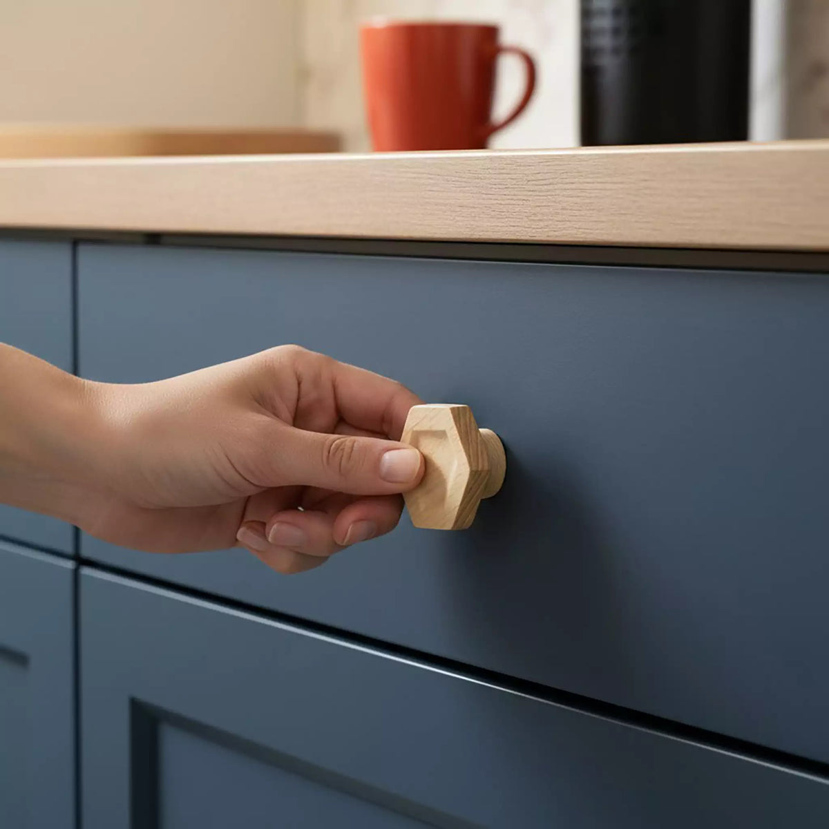 Solid ash carved hexagon cabinet knob, front view