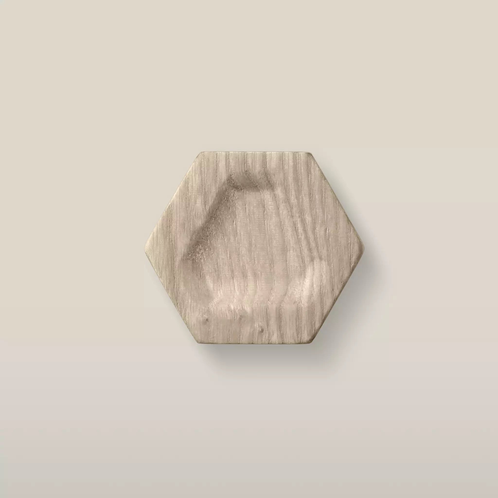 Solid ash carved hexagon cabinet knob in the Cappuccino finish, front view