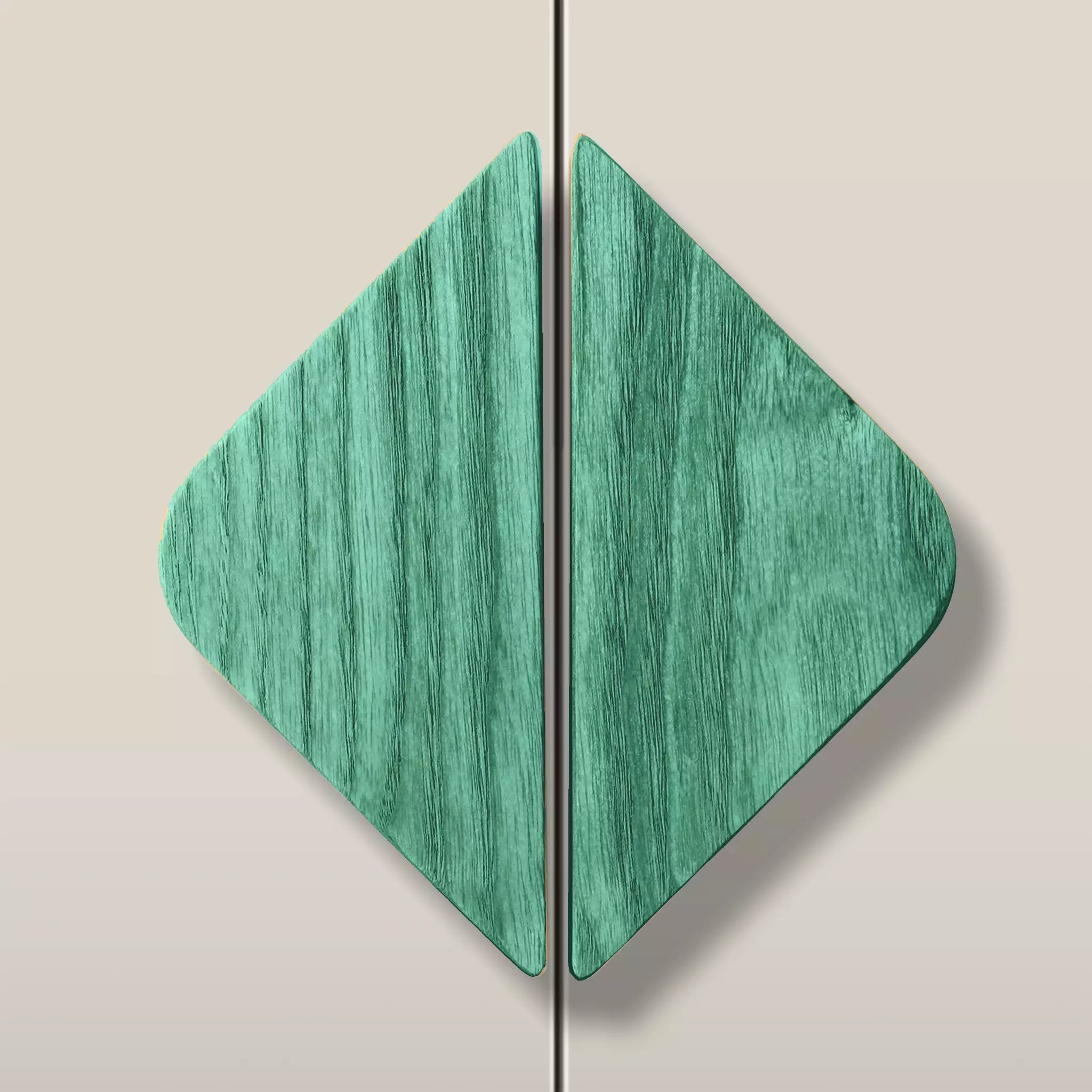 Solid ash diamond cabinet pull in the Green finish, fitted across two doors