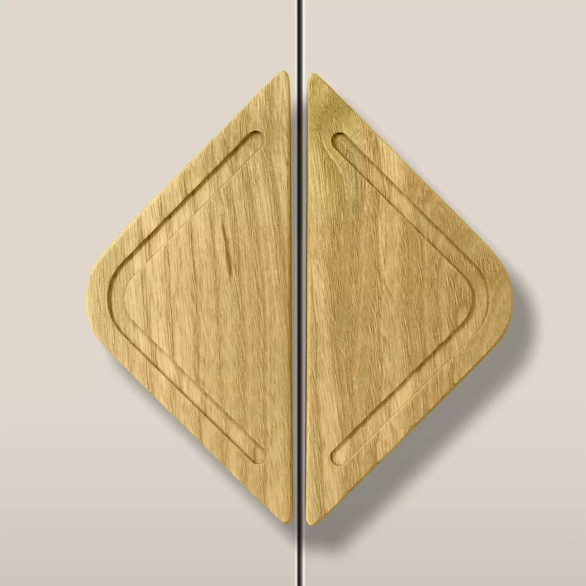 Solid ash framed diamond cabinet pull in the Cream finish, fitted across two doors
