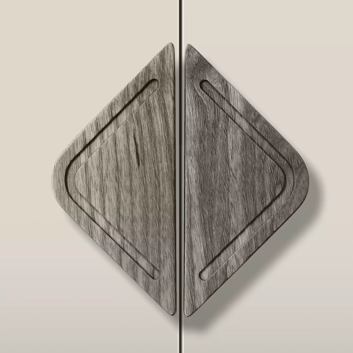 Solid ash framed diamond cabinet pull in the Dark Gray finish, fitted across two doors