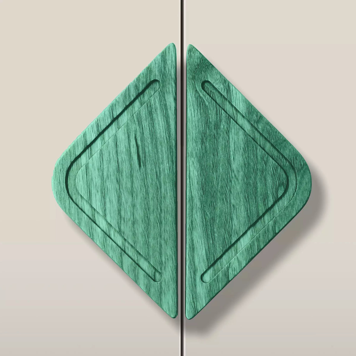 Solid ash framed diamond cabinet pull in the Green finish, fitted across two doors