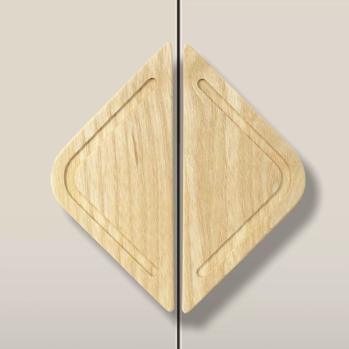 Solid ash framed diamond cabinet pull in the Latte finish, fitted across two doors
