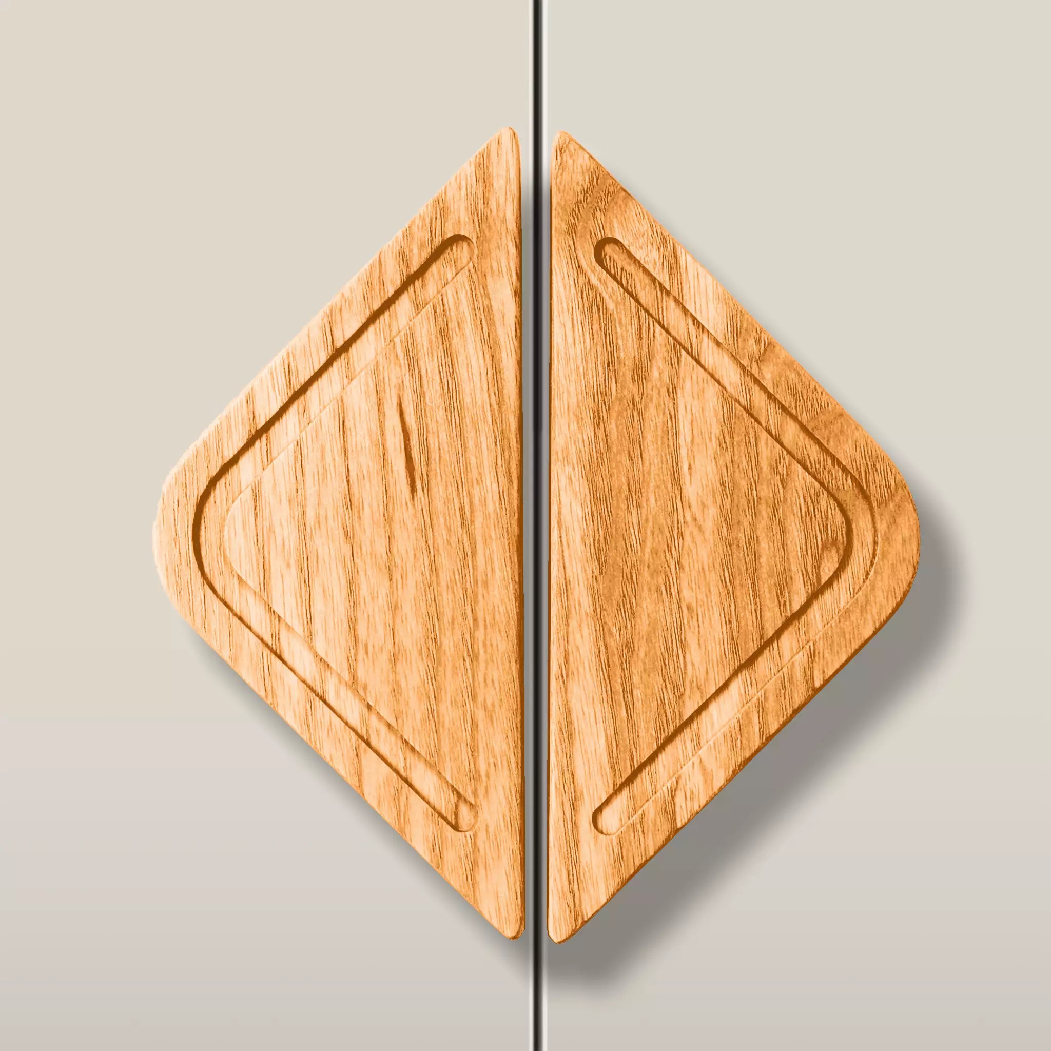 Solid ash framed diamond cabinet pull in the Orange finish, fitted across two doors