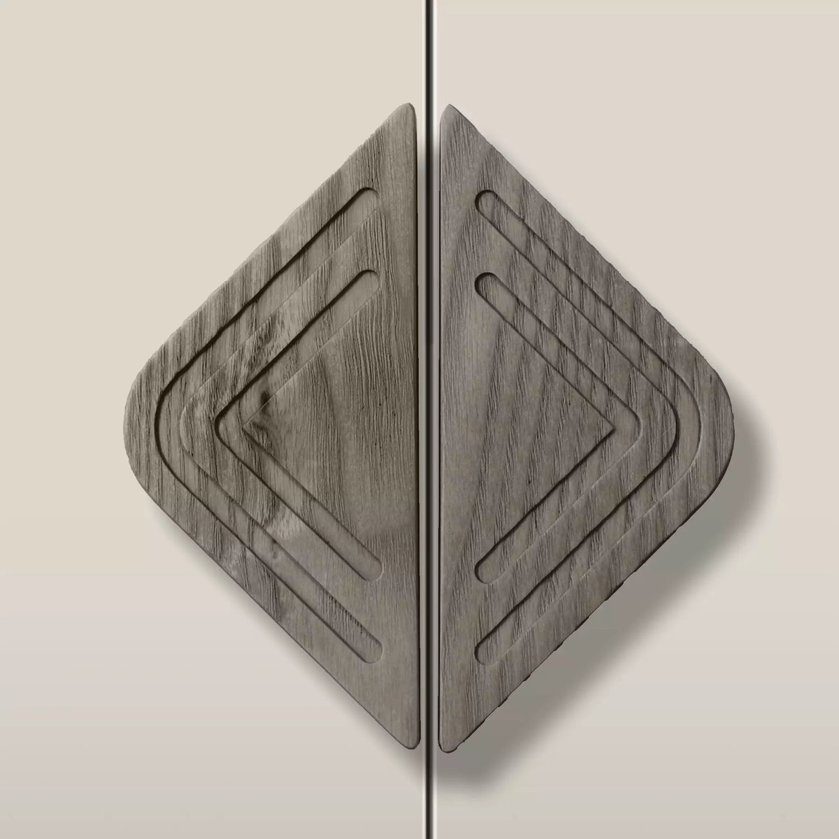 Solid ash twin line diamond cabinet pull in the Dark Gray finish, fitted across two doors