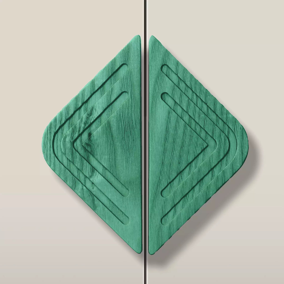 Solid ash twin line diamond cabinet pull in the Green finish, fitted across two doors