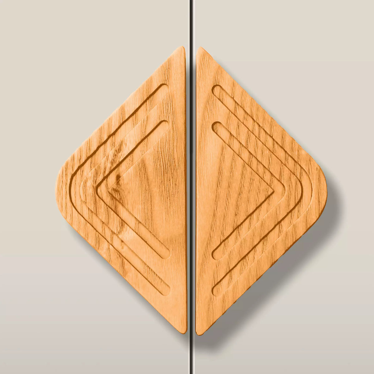 Solid ash twin line diamond cabinet pull in the Orange finish, fitted across two doors