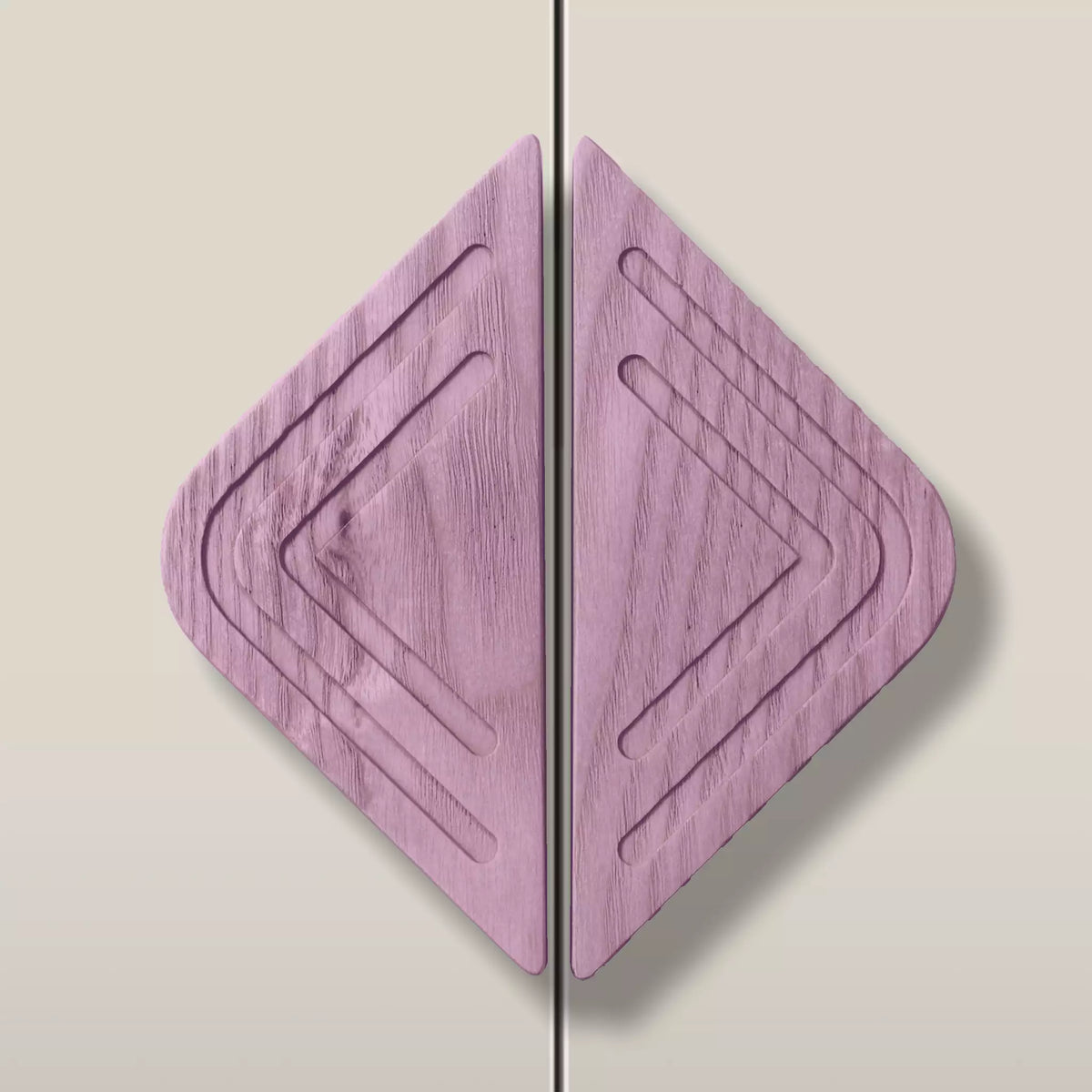 Solid ash twin line diamond cabinet pull in the Purple finish, fitted across two doors
