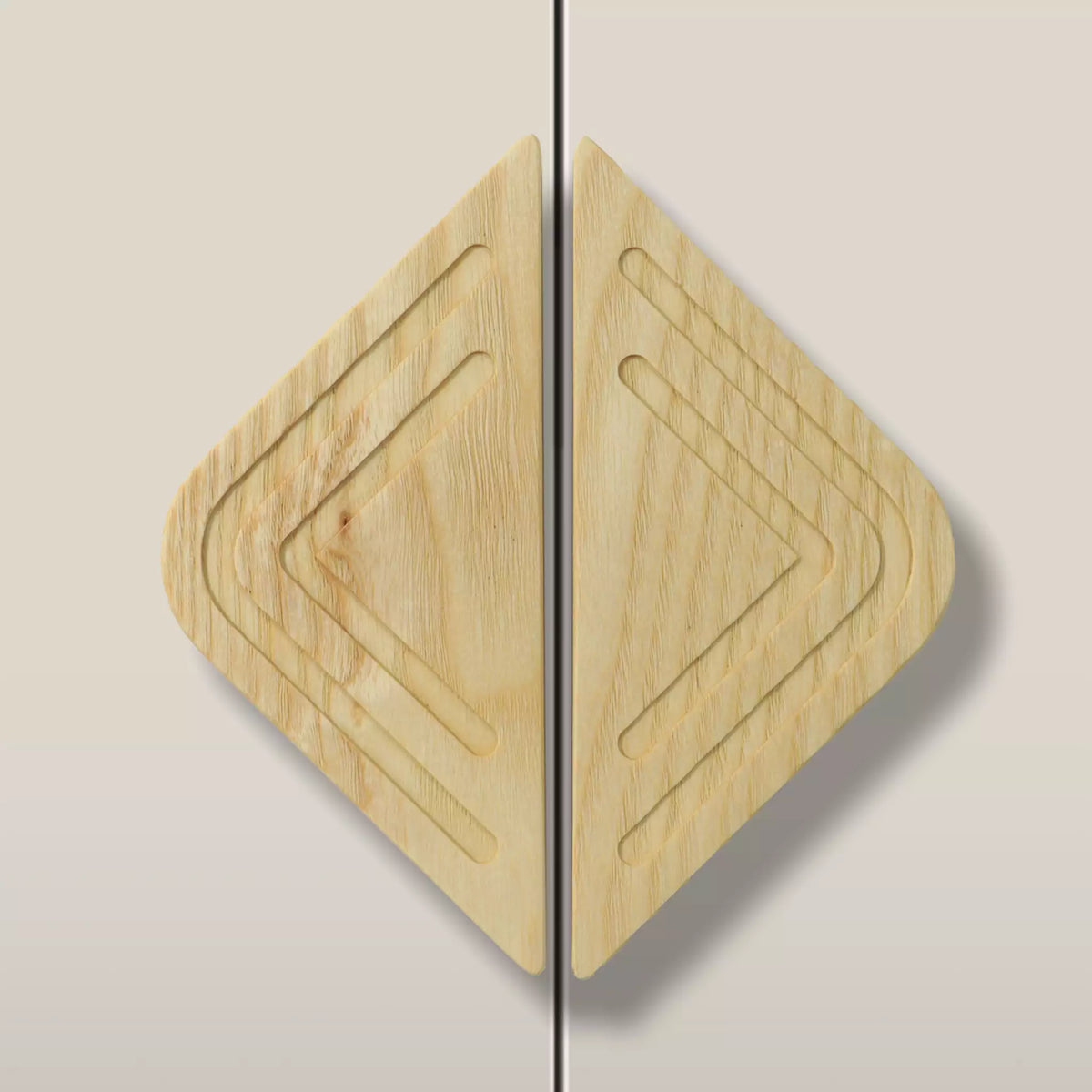 Solid ash twin line diamond cabinet pull in the Unfinished finish, fitted across two doors