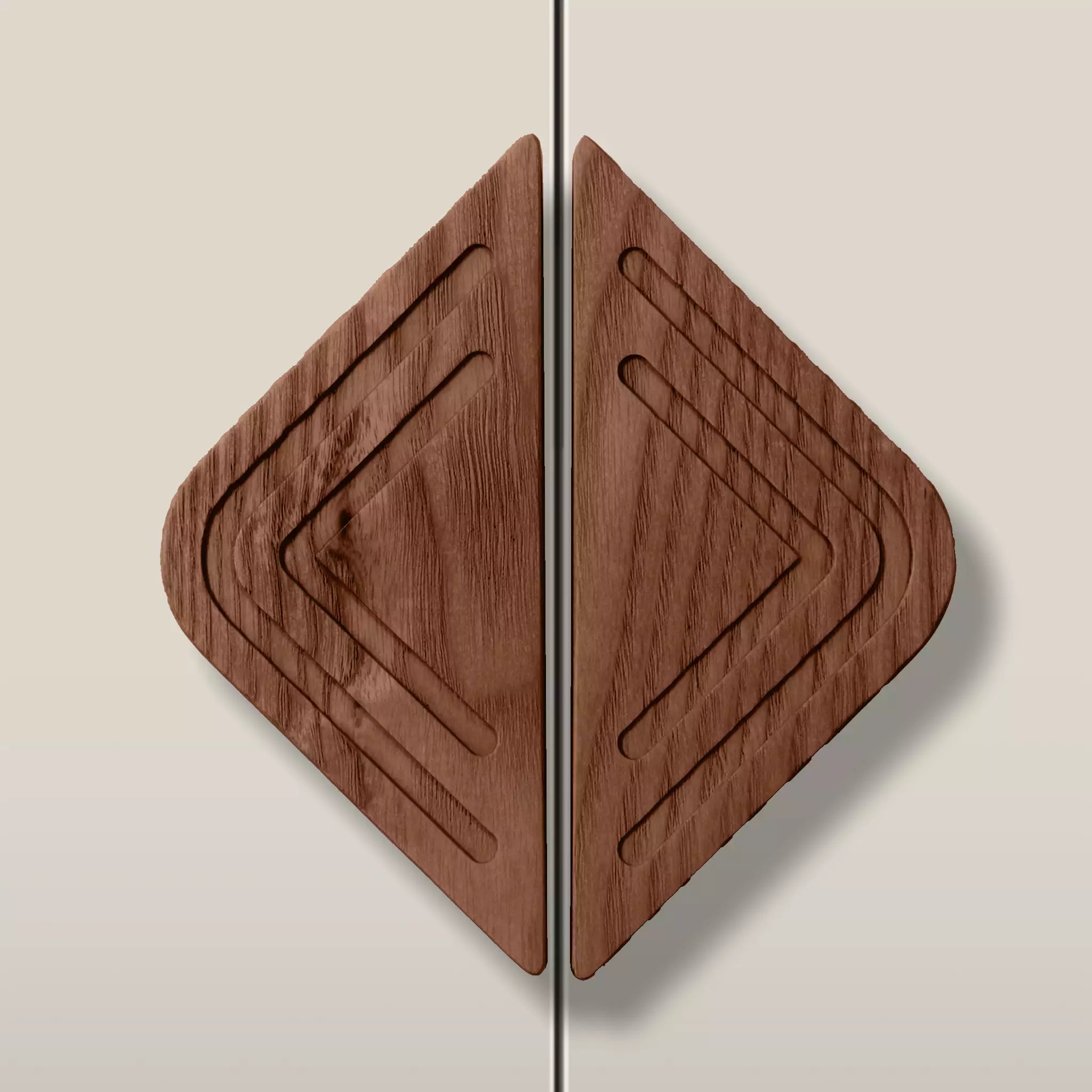 Solid ash twin line diamond cabinet pull in the Walnut finish, fitted across two doors