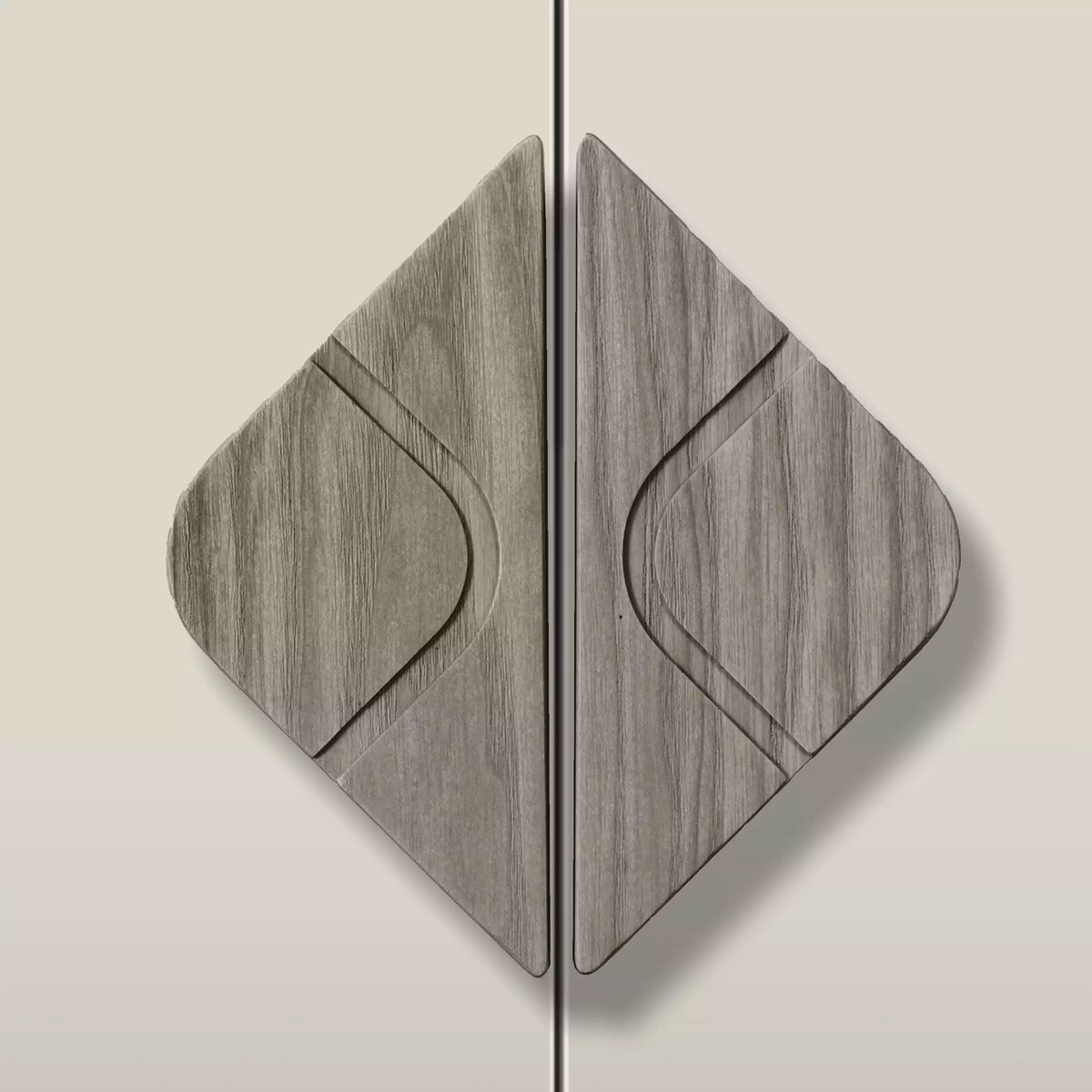Solid ash leaf diamond cabinet pull in the Dark Gray finish, fitted across two doors