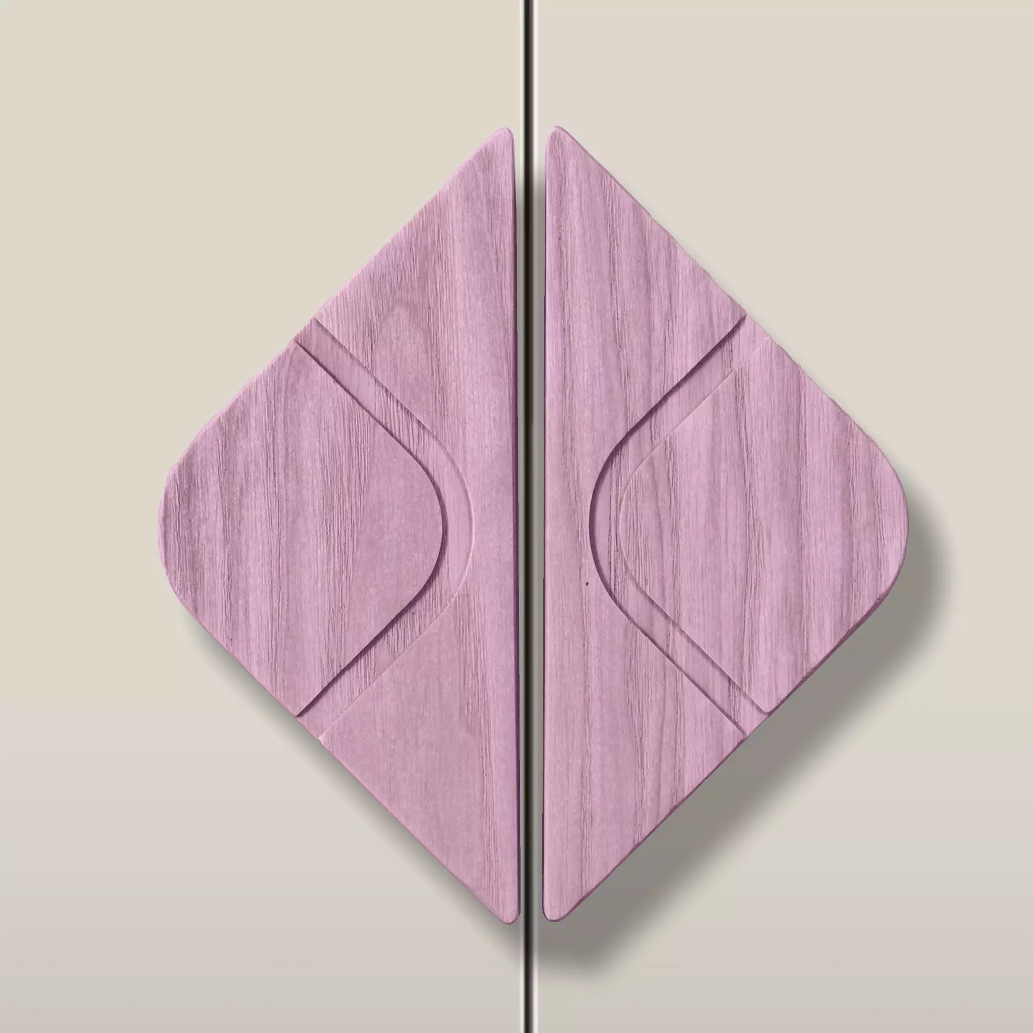 Solid ash leaf diamond cabinet pull in the Purple finish, fitted across two doors