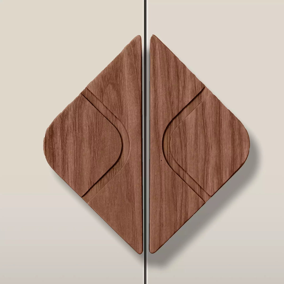 Solid ash leaf diamond cabinet pull in the Walnut finish, fitted across two doors