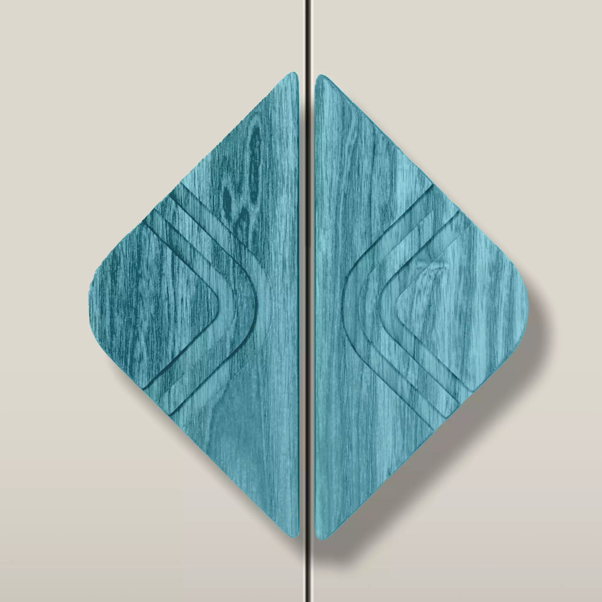 Solid ash arch diamond cabinet pull in the Blue finish, fitted across two doors