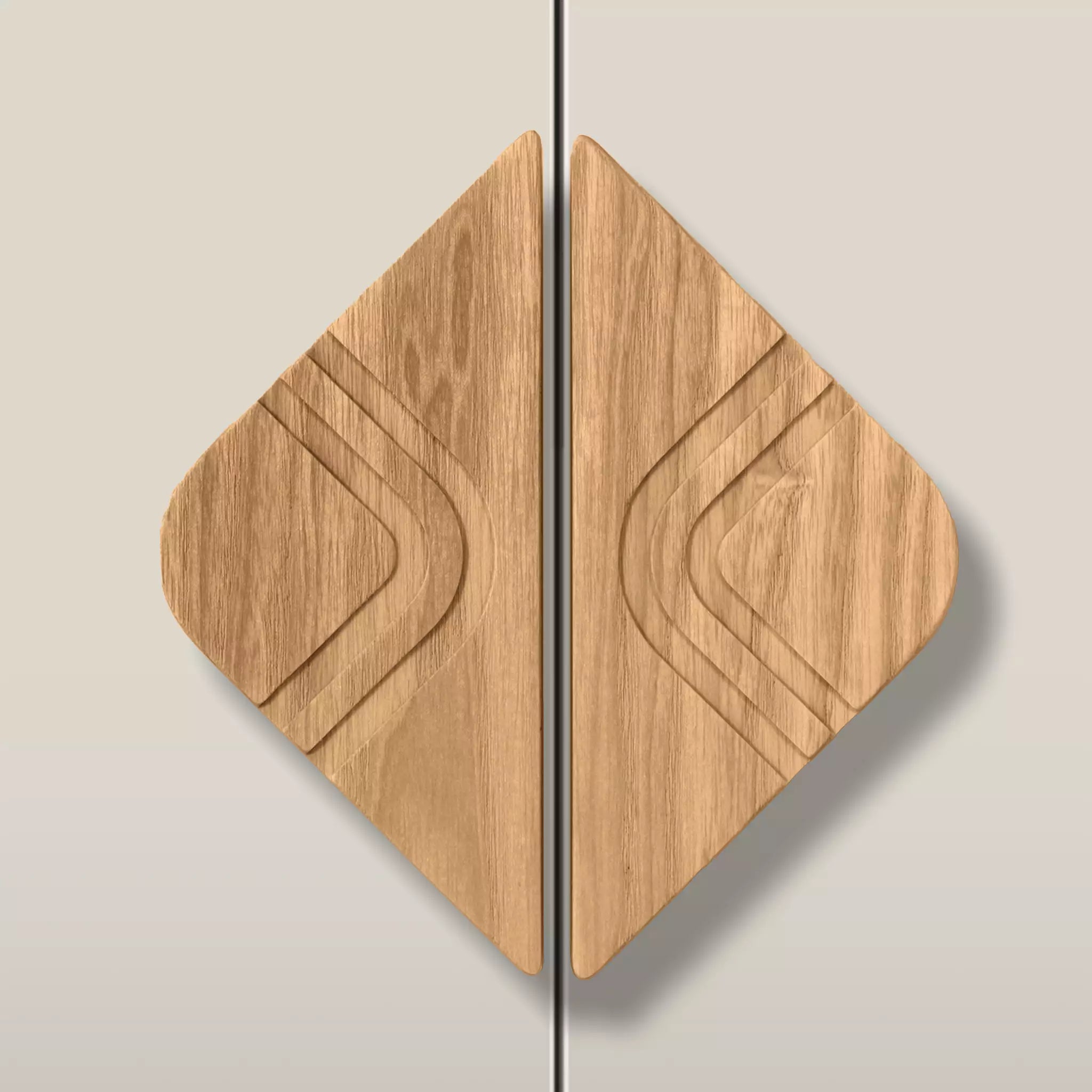 Solid ash arch diamond cabinet pull in the Caffe Latte finish, fitted across two doors